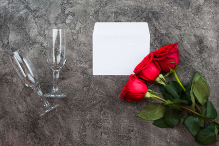 Valentines day romantic background - red roses and glassesの写真素材