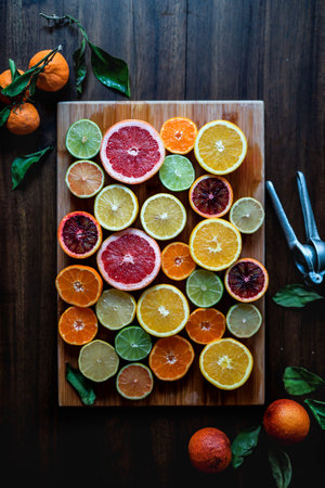 sliced citrus fruits in rustic scene