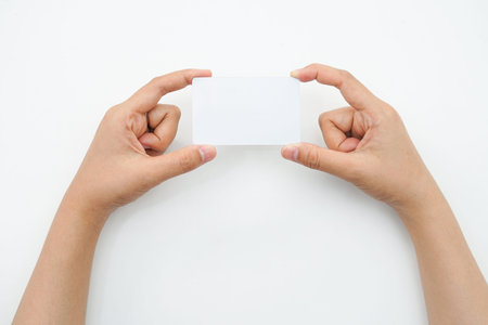 hand holds an empty white space on a white background