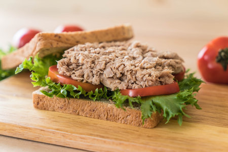 tuna sandwich on woodの写真素材