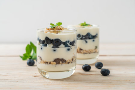 fresh blueberries and yogurt with granolaの写真素材