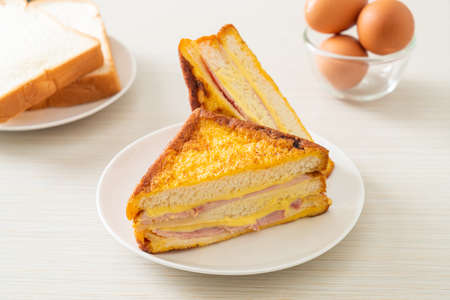 sandwich ham cheese on white plateの写真素材