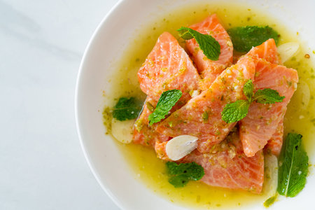 fresh salmon raw spicy seafood salad