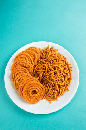 Indian Snack : Besan (Gram flour) Sev and chakli, chakali or Murukku.の写真素材