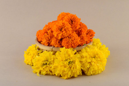 Marigold (Zendu Flowers) flowers in a bamboo basket.