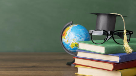 front view educational objects with copy space. High quality and resolution beautiful photo conceptの写真素材