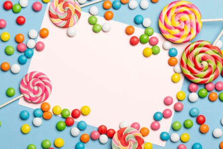 flat lay delicious colorful candiesの写真素材