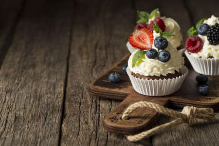 high view tasty cupcake copy space. High quality and resolution beautiful photo conceptの写真素材