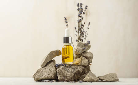 lavender oil bottle arrangement. High quality beautiful photo conceptの写真素材
