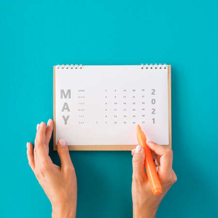 top view planner calendar blue background. High quality beautiful photo conceptの写真素材