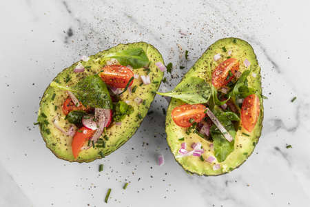 flat lay delicious healthy salad avocado composition. High quality and resolution beautiful photo conceptの写真素材