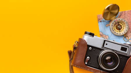 flat lay camera compass frameの写真素材