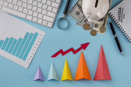 top view business items with growth chart colored cones. High quality and resolution beautiful photo conceptの写真素材