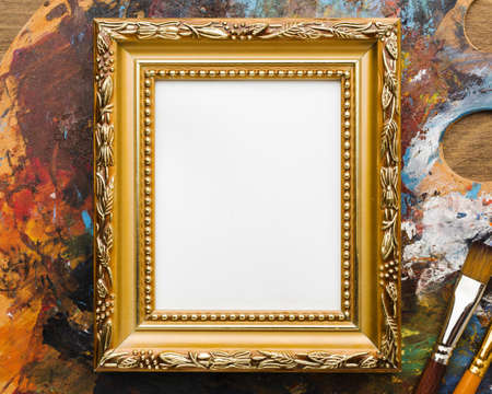 copy space canvas golden frame paint. High quality and resolution beautiful photo conceptの写真素材