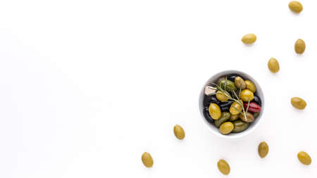 top view assortment olives bowl with copy space. High quality and resolution beautiful photo conceptの写真素材