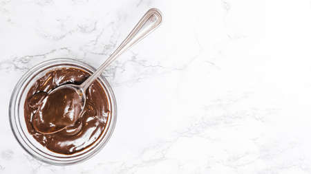 flat lay chocolate pudding bowlの写真素材