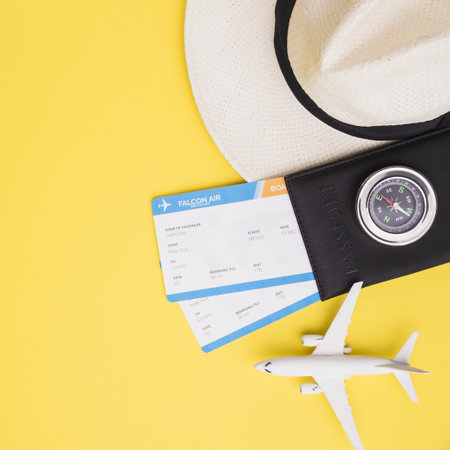 tickets with passport hat plane. High quality and resolution beautiful photo conceptの写真素材