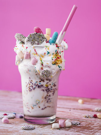 front view delicious milkshake wooden table. High quality and resolution beautiful photo conceptの写真素材