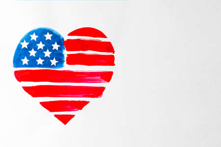 painted red blue heart shape united states american flag white backgroundの写真素材