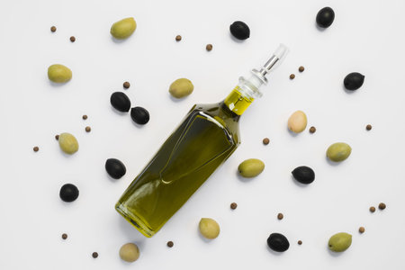 top view assortment olives bottle oil. High quality beautiful photo conceptの写真素材