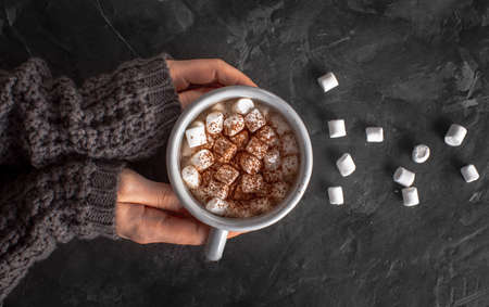 hands holding hot chocolate with marshmallows cocoa powder. High quality and resolution beautiful photo conceptの写真素材