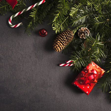 fir branches near decorations christmas. High quality and resolution beautiful photo concept