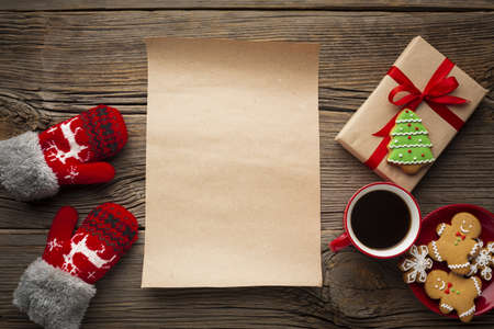 top view xmas note with mock up table. High quality and resolution beautiful photo conceptの写真素材