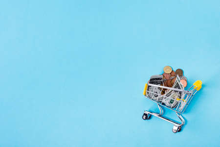 shopping cart filled with coins copy space backgroundの写真素材