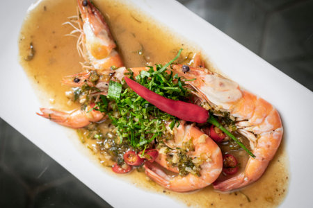 spicy asian prawns in gourmet chilli orange and coriander sauce