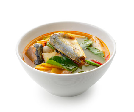Spicy Sardines fish ,tom yum thai food style on white backgroundの写真素材
