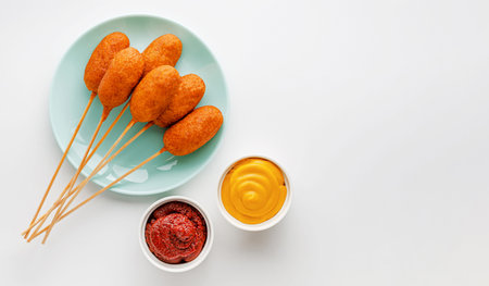 Heap of deep fried corn dogs on white background. Top view, copy space.の写真素材