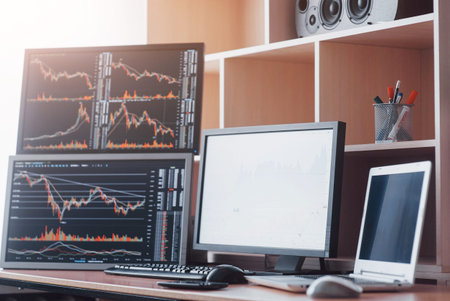 Stock exchange traders workplace with computers