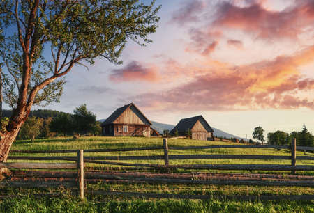 Beautiful summer mountain landscape at sunshine. View of the meadow fenced fence. Rural landscapeの写真素材