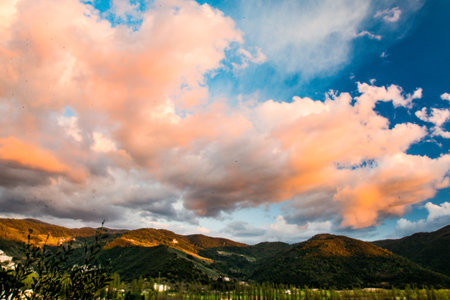 the landscape of the Valnerina at sunsetの写真素材