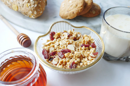 cereal breakfast in bowl on white background .