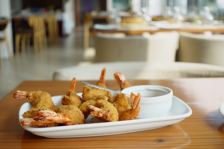 tasty fried king prawn in a plate on table ,