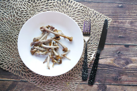 top view of plate after eating on table .の写真素材
