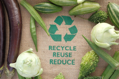 Recycled arrows sign on a shopping bag with vegetable