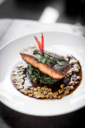 salmon fillet with steamed spinach and corn with sweet soy and oyster sauce