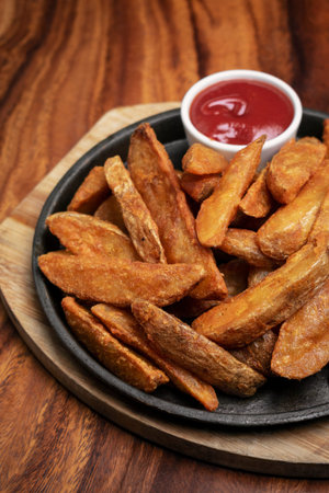 spicy curry powder coated crispy deep fried potato wedges on wood table background