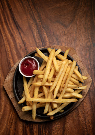 portion of french fries potato snack on wood table background with ketchup in restaurantの写真素材