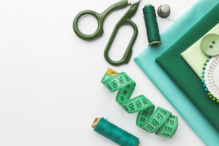 top view fabrics with measuring tape thread. Resolution and high quality beautiful photoの写真素材