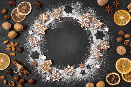 top view gingerbread cookies wreath with dried citrus nuts. Resolution and high quality beautiful photoの写真素材