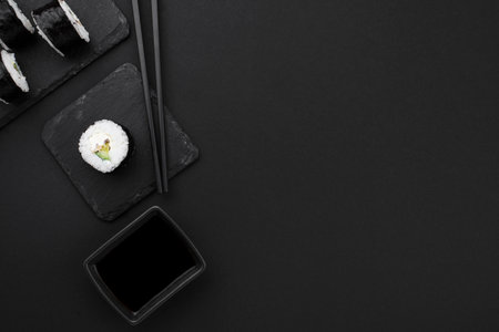 top view sushi rolls plate with sauce copy space_2. Resolution and high quality beautiful photoの写真素材