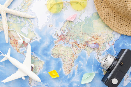 world map with camera toy plane starfish. Resolution and high quality beautiful photoの写真素材