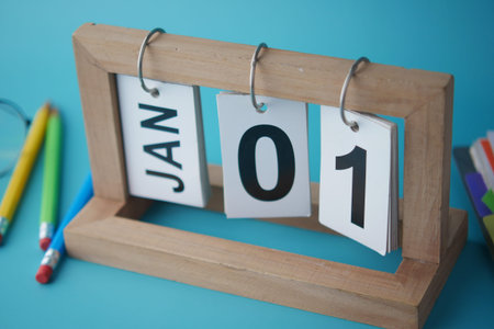 wooden calendar set on 1st of january ,