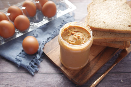 top view of peanut butter in a containerの写真素材