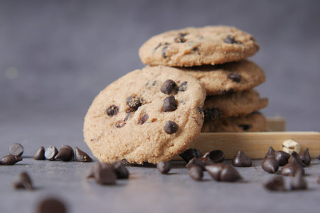 chocolate chip cookies on table close up .