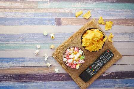 high angle view of popcorn spilling from container .