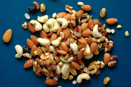 a bowl of mixed nut top down.の写真素材